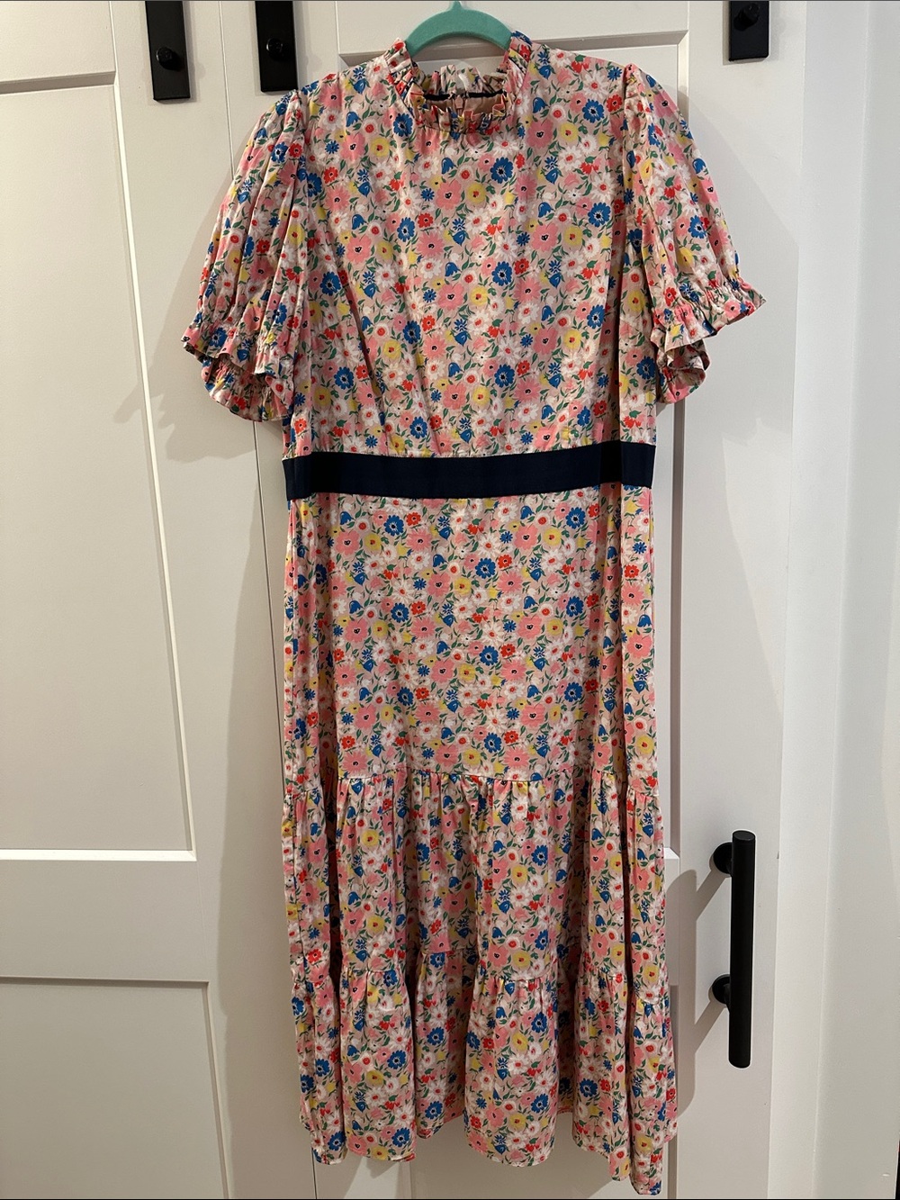 Boden Pink Floral Ruffle-Sleeve Midi Dress with Navy Waist, 14R